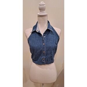 Tommy Hilfiger Denim Blue Jean Crop Top Halter Women Size Large Y2K Western 90s